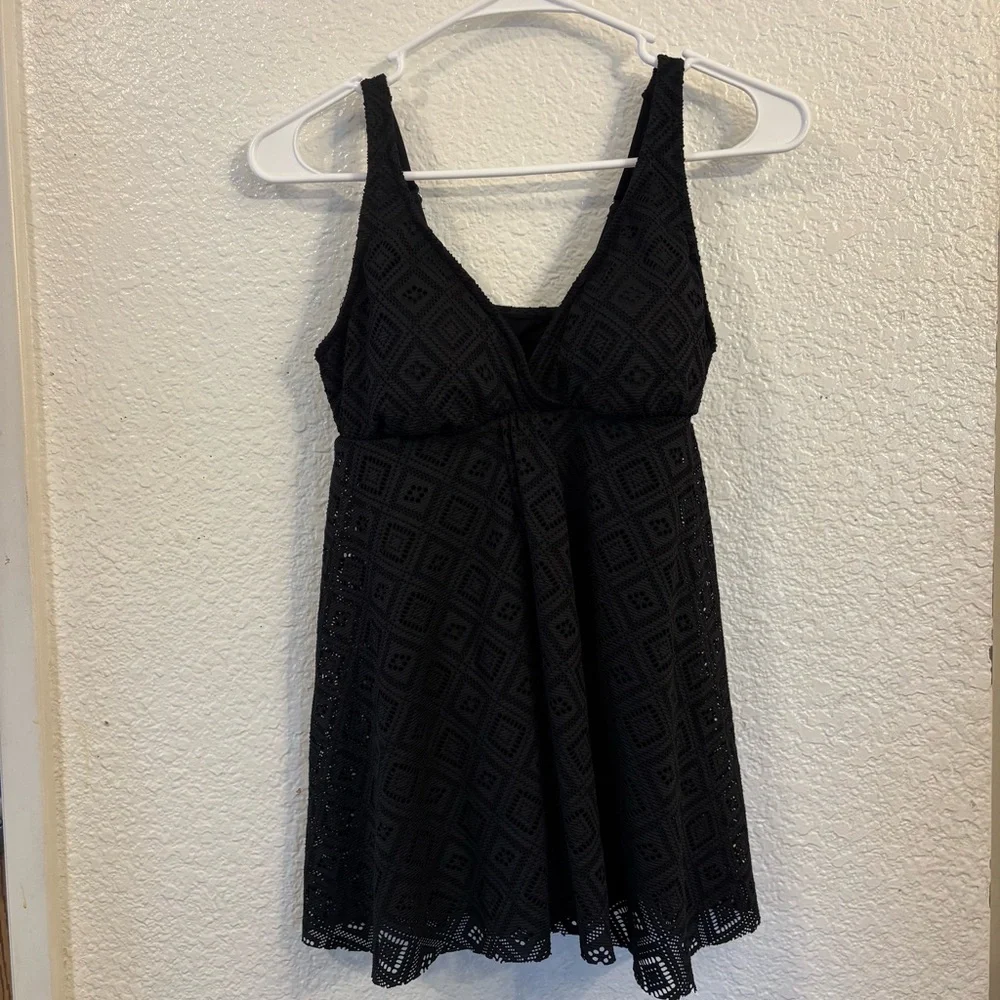 Swim Solutions Black Crochet Flyaway Tummy Control Swimdress Women Size 8 - Picture 6 of 11